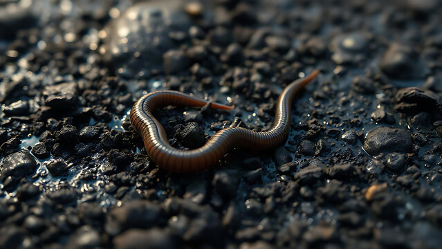 An earthworm creating winding tracks on the surface of damp dark soil.
