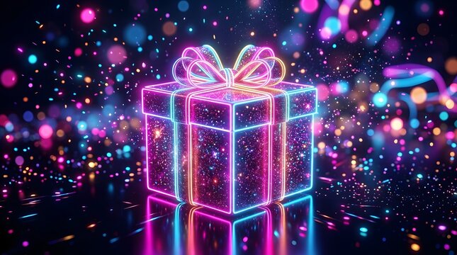 Neon glowing gift box with sparkling lights on a dark background