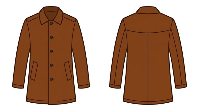 Brown Classic Men's Coat Template Front and Back View Flat Fashion Technical Illustration for Apparel Design