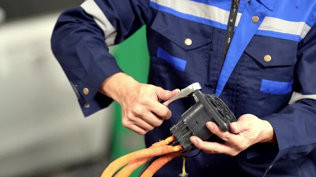 Technician cable plug electric vehicle charger hand maintenance uniform power inspection, worker checking EV charging connector during maintenance service station repair clean transport tech