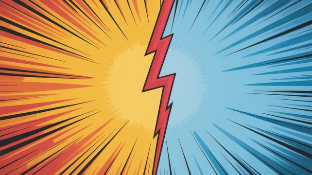 Comic Book Style Background with Explosive Lightning Strike and Radiating Speed Lines in Red Blue and Yellow