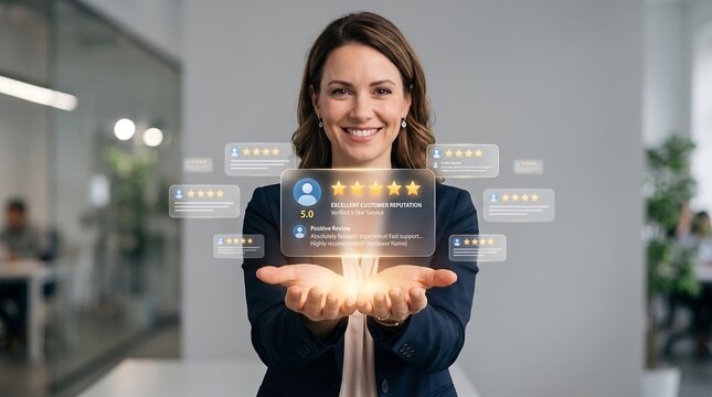 Smiling businesswoman presenting glowing 5 star rating customer review interface for business reputation management, client satisfaction feedback, and quality service trust concept