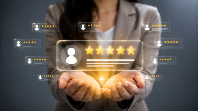 Businesswoman holding glowing five 5 star rating customer review profile icons for user satisfaction, quality service evaluation, positive feedback, online reputation management concept.