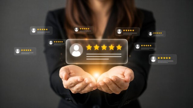 Businesswoman Holding Floating 5 Star Rating Icons and Customer Review Cards for High Quality Service Feedback, Satisfaction Evaluation, and Online Business Reputation Concept