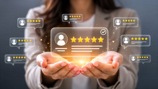 Businesswoman hands holding glowing digital 5 star rating badge with user reviews bubble icons for customer satisfaction feedback online reputation and service evaluation excellence concept