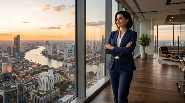 Confident businesswoman standing in a modern office, gazing at a vibrant city skyline during a beautiful sunset.