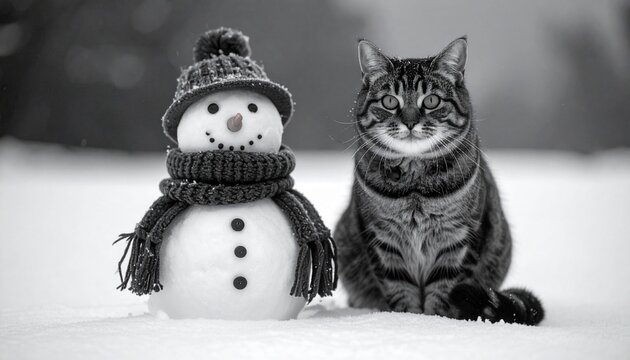 12月　雪だるま　猫