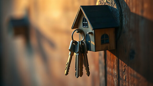 House keys resting on a rustic hook, evoking a sense of home and security in warm lighting.