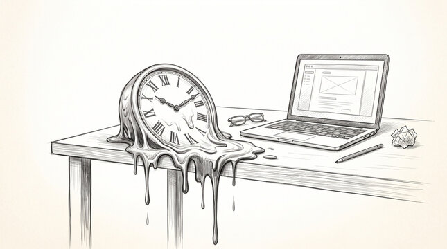 Surreal Melting Clock on Office Desk with Laptop and Coffee Cup.