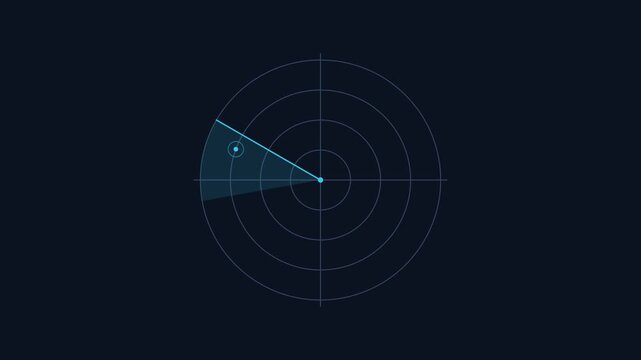 Dark mode digital radar scan animation with sweeping target detection for cyber security network tracking and navigation user interface
