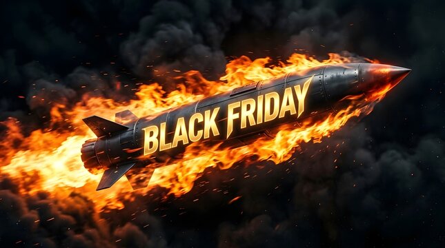 Black friday rocket flying through fire and smoke