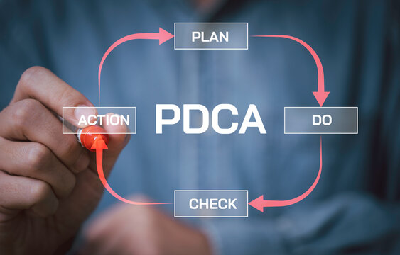Hand drawing PDCA cycle with Plan Do Check Action steps symbolizing continuous improvement, quality management, business process, workflow optimization, problem solving and operational strategy.