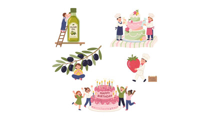 Naklejka premium Cute tiny people vector illustration set featuring chefs baking birthday cake, children celebrating, and olive oil harvest concepts