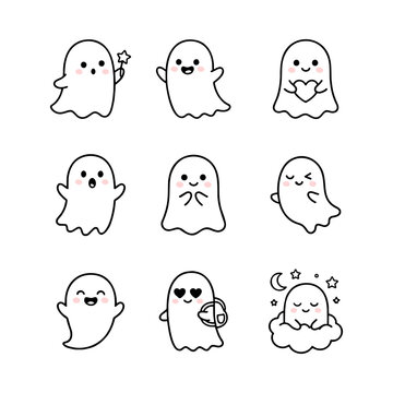 Vector Set of Cute Ghosts in kawaii style