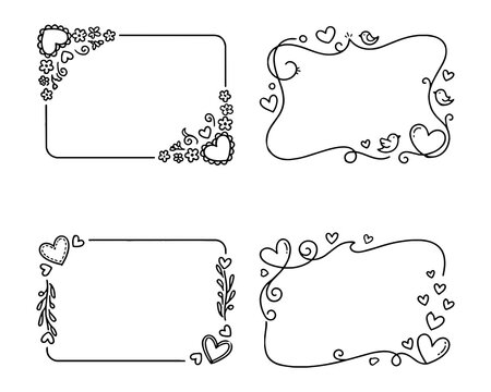 Decorative Heart Frame Borders Set Hand Drawn Line Art Vector