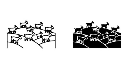 Fototapeta premium Herd of Goats on Hills Vector Art, Simple Line Icons, Black and White Livestock Graphics