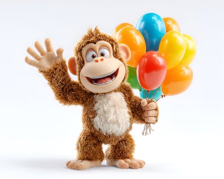 Happy cartoon monkey waving and holding colorful balloons