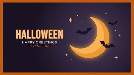 Naklejka premium Halloween greeting card with flying bats and full moon night sky background