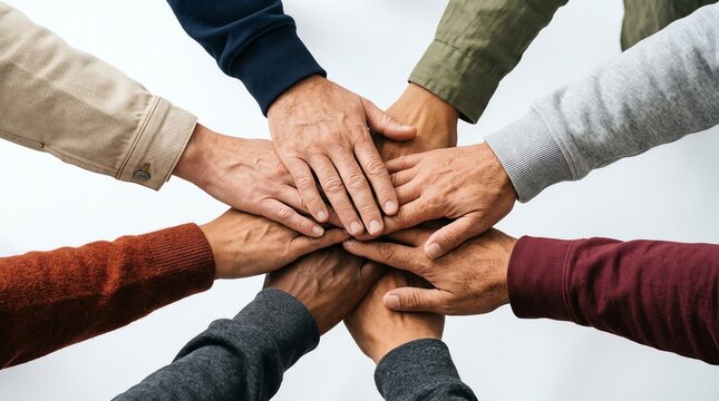 A group of diverse hands coming together in a sign of unity and teamwork, symbolizing collaboration and support