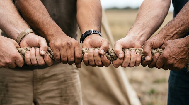 Diverse group of hands pulling a thick rope together in a tug of war for teamwork and collective strength