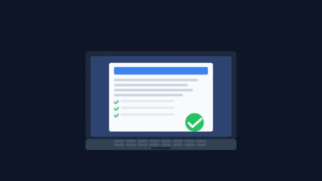 Laptop computer with digital document task completion checkmark animation for online learning test and business contract submission