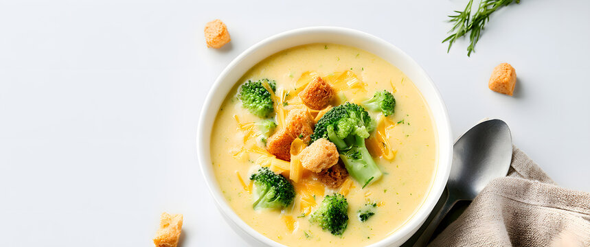 A bowl of creamy soup made with broccoli and cheddar cheese, adorned with croutons and set against a backdrop of empty space, showcasing its deliciousness