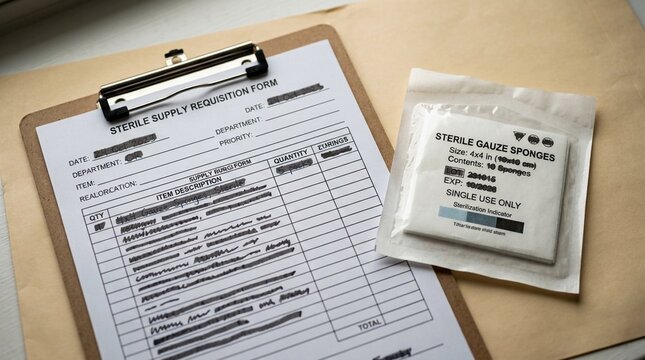 Sterile Supply Requisition Form Clipped to a Clipboard beside a Labeled Sterile Pack - Hospital Sterile Supply Chain Healthcare Stock Photo