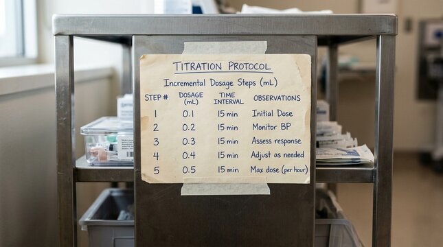 Sterile Titration Chart Taped beside a Supply Cart Showing Incremental Dosage Steps - Hospital Sterile Supply Chain Healthcare Stock Photo