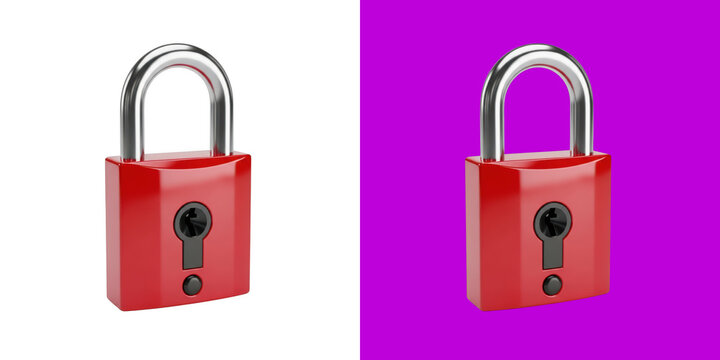 Shiny red metal padlock with silver shackle for security 3d render png