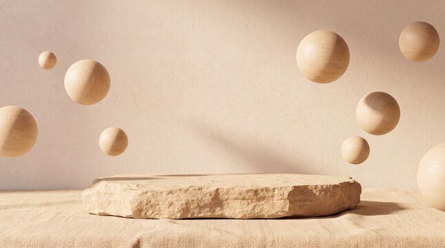 Stone slab display podium on linen fabric table with floating wooden spheres mockup