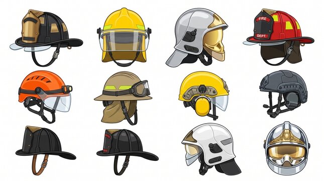 Firefighter Helmet Vector Collection, Fireman Protective Helmets, Rescue Safety Gear and Emergency Service Equipment