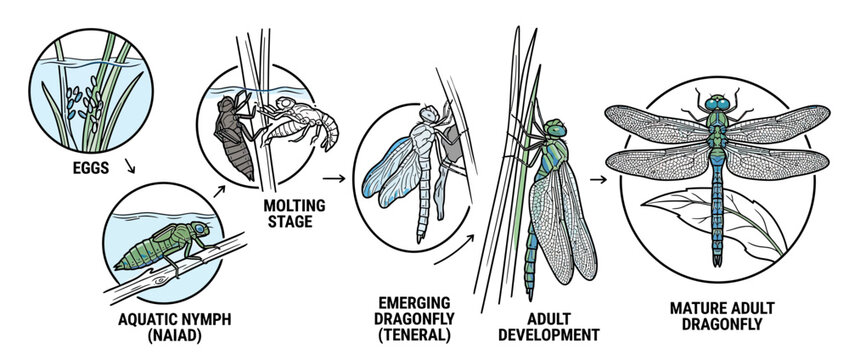 Dragonfly Life Cycle Stages Isolated on Transparent Background