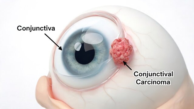 Conjunctival carcinoma 3D medical render, annotated human eye with conjunctiva malignant tumor