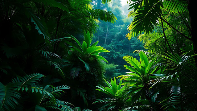 Lush jungle scene with dense foliage and deep green tones, evoking a serene rainforest.