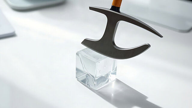 Ice axe on clear artificial ice block on white desk, alpine preparation concept