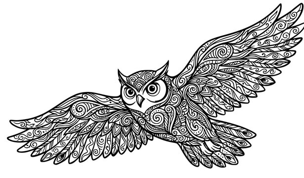 Dynamic flying owl Zentangle vector line art with ornamental feather patterns for tattoo postcard and decorative print artwork