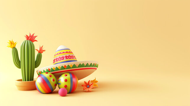 Cute 3D rendered sombrero cactus and maracas with massive right copy space for food delivery app popups and Mexican fiesta digital invites