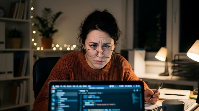 Stressed Woman Developer Squinting at Laptop Screen Writing Software Code Late at Night