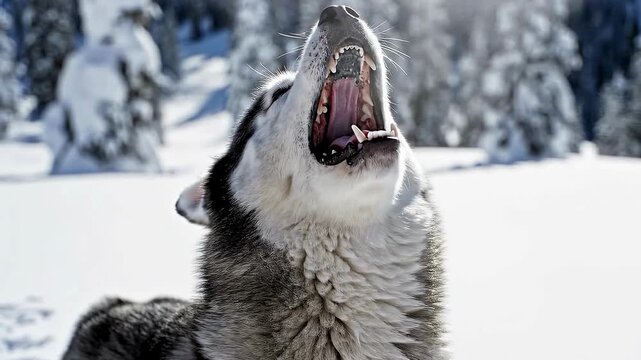 A majestic wolf howling with its mouth wide open set against a bright snowy winter landscape evoking themes of wilderness freedom and animal communication