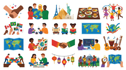 Fototapeta premium Flat Vector Global Diversity, Culture, Education, Communication Travel Illustration Set
