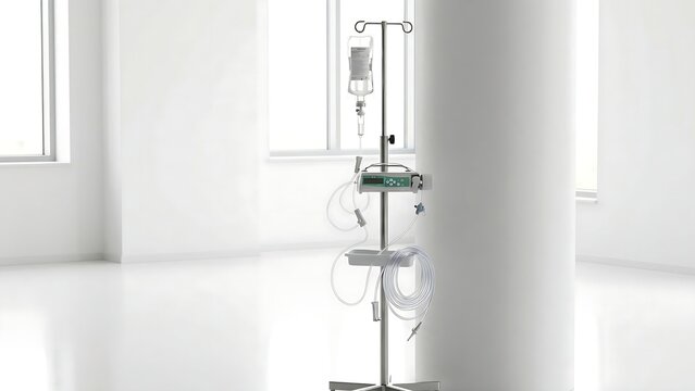 Intravenous drip stand in white sterile clinical room for medical treatment process
