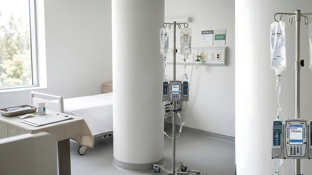 Medical IV drip pole with infusion pump machine in modern hospital ward room
