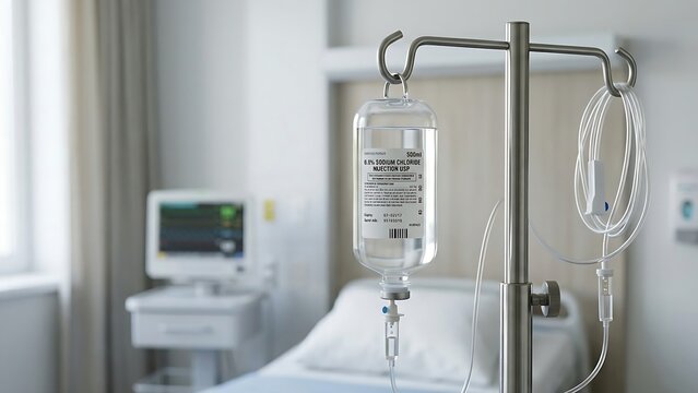 Close up view of saline IV drip bottle hanging near medical bed in clinic
