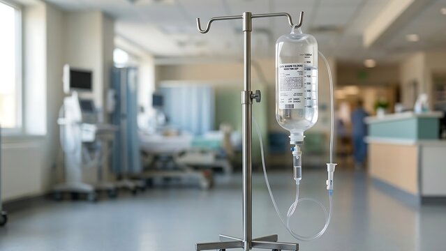 Intravenous infusion bottle hanging on drip pole in modern hospital recovery room
