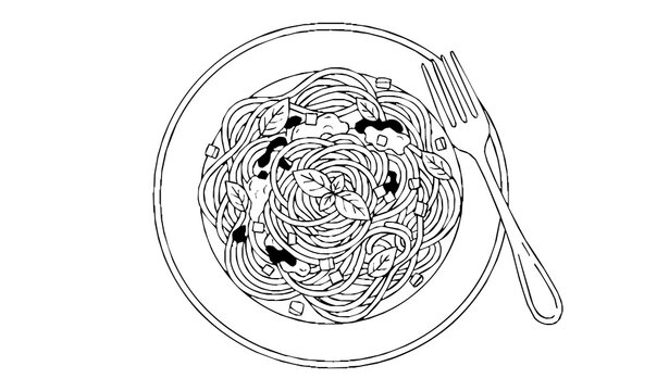 Top view spaghetti pasta plate with tomato sauce basil and fork minimalist black and white vector line art