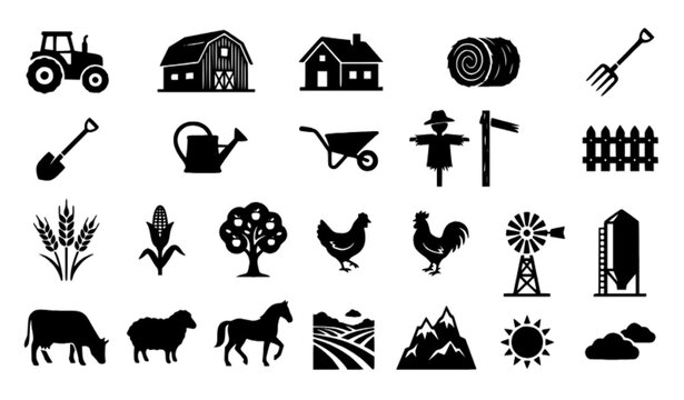 Black Rural Agriculture Silhouette Icons Set with Farm Tools and Tractor