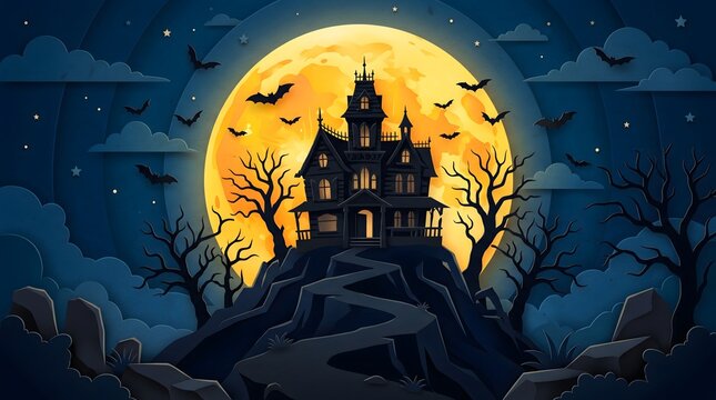  Haunted House Silhouette with Full Moon and Bats Vector Art
