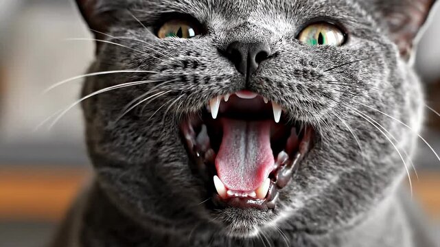 Intense close-up of a grey domestic cat snarling or yawning widely revealing sharp fangs and a pink tongue capturing raw animal emotion