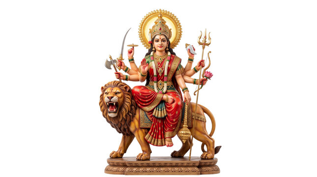 Statue of hindu goddess durga riding a lion isolated on transparent background