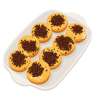 Indonesian kue cubit topped with chocolate sprinkles served on a white tray for snack time.